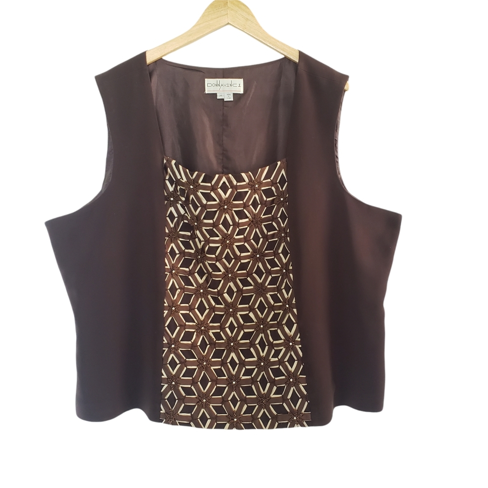 Donna Vinci Sleeveless Top Plus Size 26‎ Dark Brown Beaded Rhinestones Side Zip